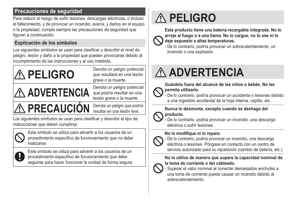 Peligro, Advertencia, Precaución | Panasonic ESED20 User Manual | Page 88 / 346