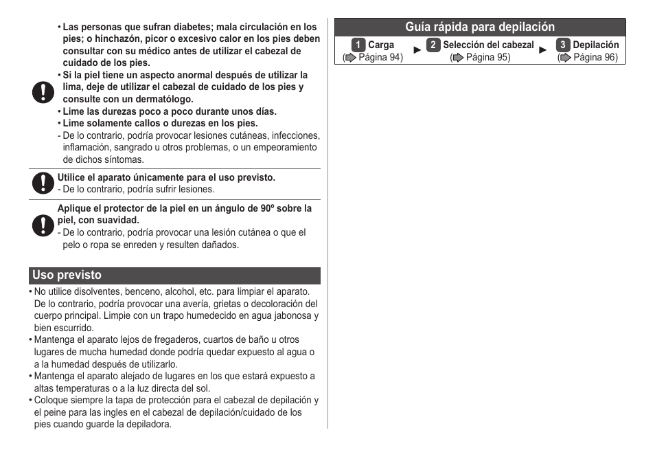 Usoprevisto, Guíarápidaparadepilación | Panasonic ESED20 User Manual | Page 92 / 346