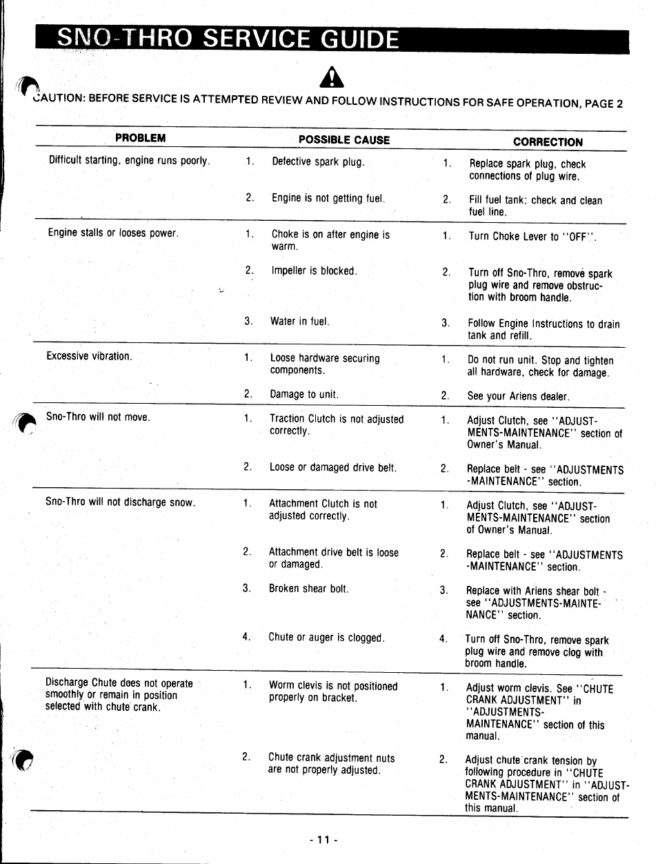 Sno thro service guide | Ariens 924071 User Manual | Page 11 / 16