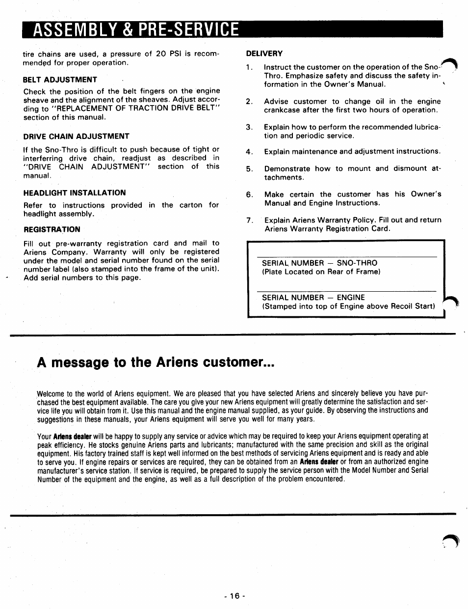 Belt adjustment, Drive chain adjustment, Headlight installation | Registration, Delivery, Assembly & pre-service, A message to the ariens customer | Ariens 924071 User Manual | Page 16 / 16