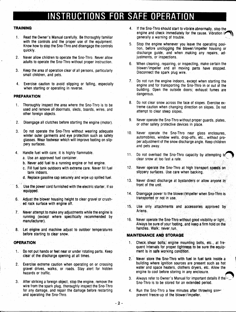 Евепш, Operation, Шшт1 | Ons f, Training, Preparation, Maintenance and storage | Ariens 924071 User Manual | Page 2 / 16