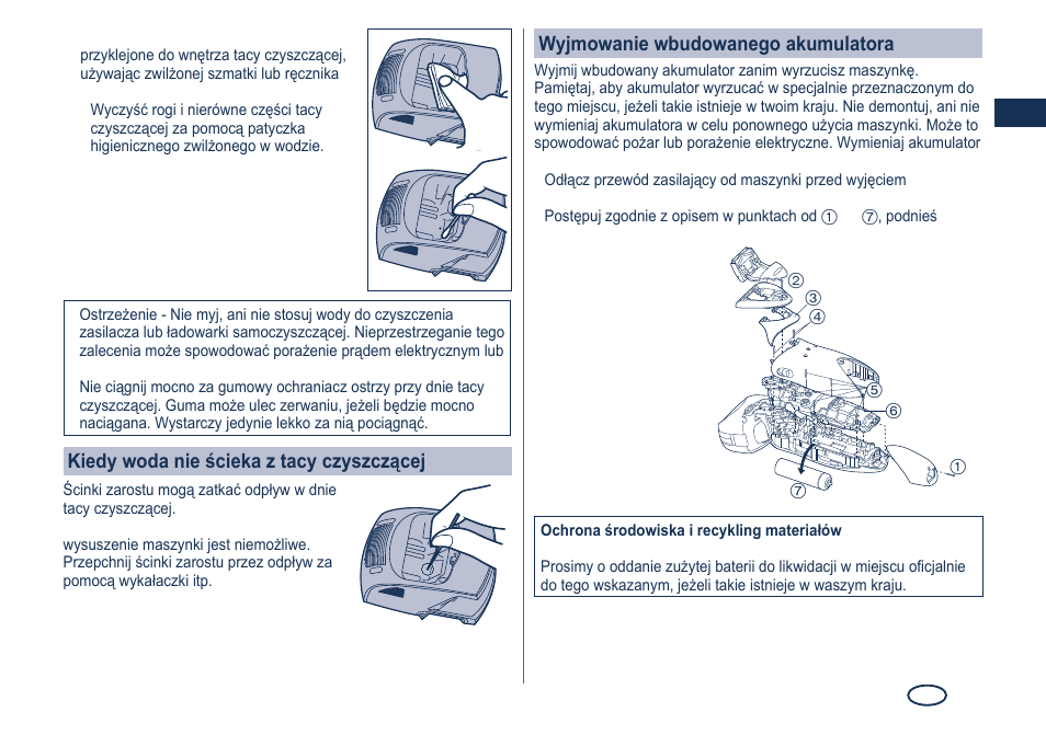 Wyjmowanie wbudowanego akumulatora, Kiedy woda nie ścieka z tacy czyszczącej | Panasonic ES8249 User Manual | Page 111 / 190