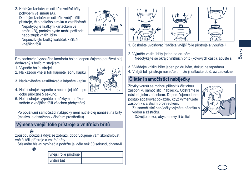 Mazání, Výměna vnější fólie přístroje a vnitřních břitů, Čištění samočisticí nabíječky | Panasonic ES8249 User Manual | Page 119 / 190
