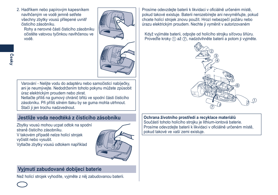 Jestliže voda neodtéká z čisticího zásobníku, Vyjmutí zabudované dobíjecí baterie | Panasonic ES8249 User Manual | Page 120 / 190