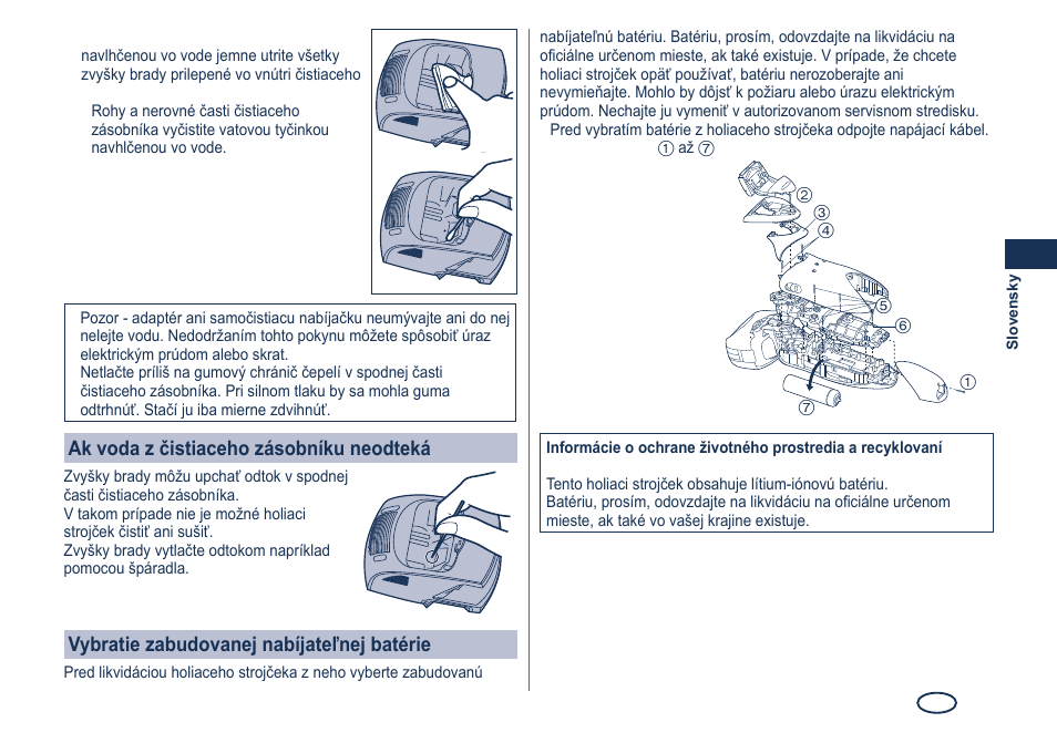 Ak voda z čistiaceho zásobníku neodteká, Vybratie zabudovanej nabíjateľnej batérie | Panasonic ES8249 User Manual | Page 129 / 190