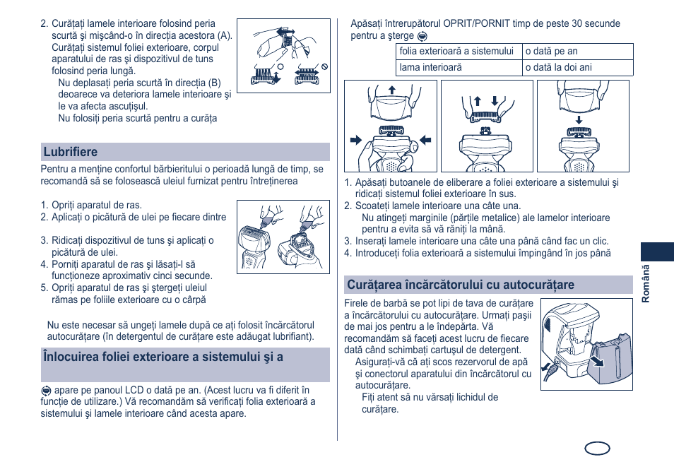 Lubrifiere, Curăţarea încărcătorului cu autocurăţare | Panasonic ES8249 User Manual | Page 147 / 190