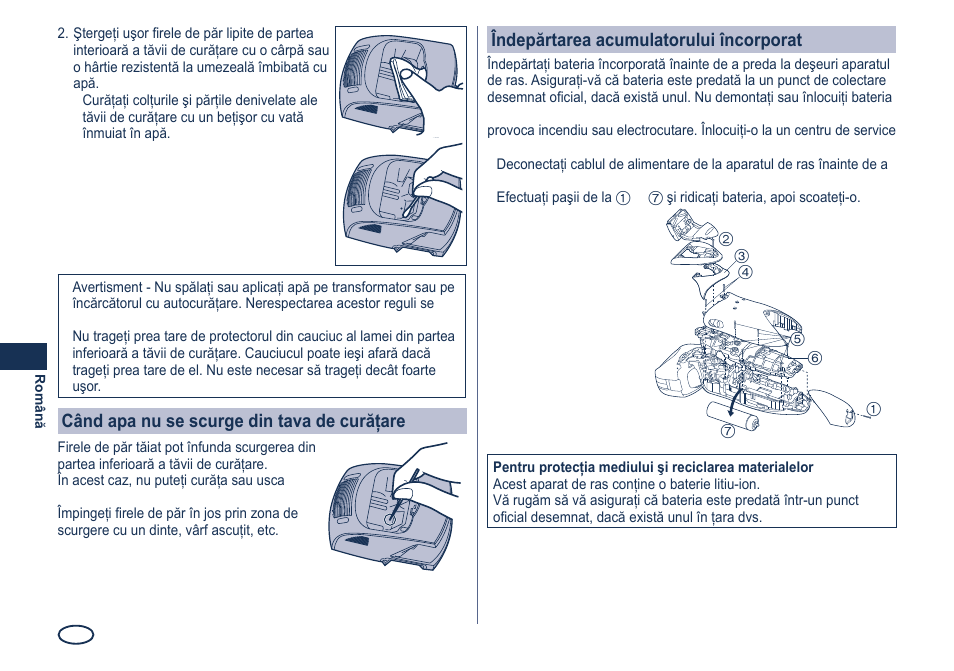 Îndepărtarea acumulatorului încorporat, Când apa nu se scurge din tava de curăţare | Panasonic ES8249 User Manual | Page 148 / 190