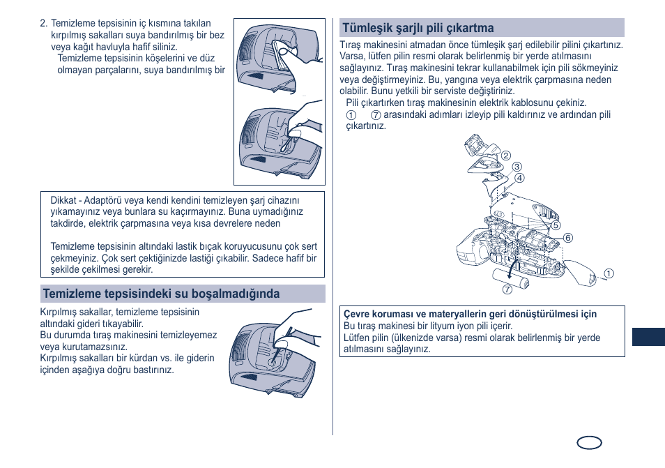 Tümleşik şarjlı pili çıkartma, Temizleme tepsisindeki su boşalmadığında | Panasonic ES8249 User Manual | Page 167 / 190