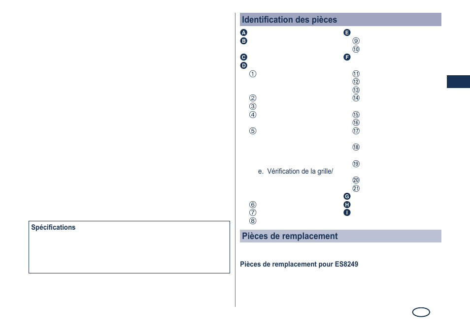 Identification des pièces, Pièces de remplacement | Panasonic ES8249 User Manual | Page 23 / 190