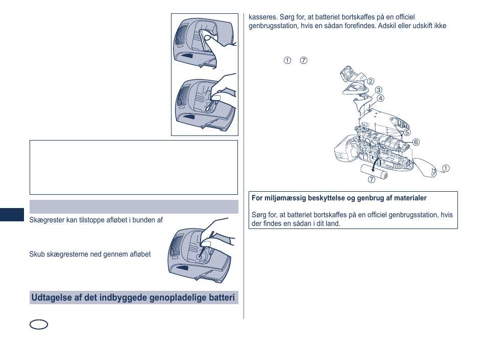 Hvis vandet ikke løber ud af rengøringsbakken, Udtagelse af det indbyggede genopladelige batteri | Panasonic ES8249 User Manual | Page 66 / 190
