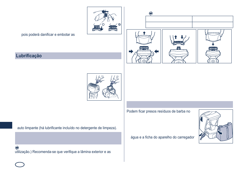 Lubrificação, Limpeza do carregador auto limpante | Panasonic ES8249 User Manual | Page 74 / 190