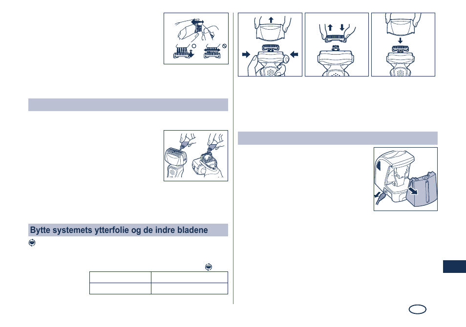 Smøring, Bytte systemets ytterfolie og de indre bladene, Rengjøring av den selvrensende laderen | Panasonic ES8249 User Manual | Page 83 / 190