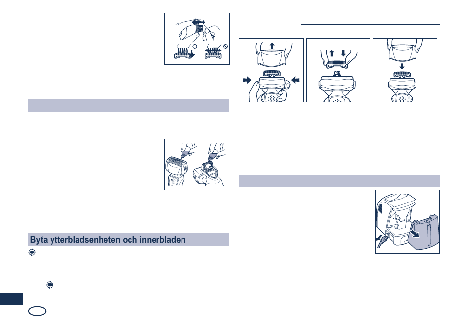 Smörjning, Byta ytterbladsenheten och innerbladen, Rengöring av den självrengörande laddaren | Panasonic ES8249 User Manual | Page 92 / 190