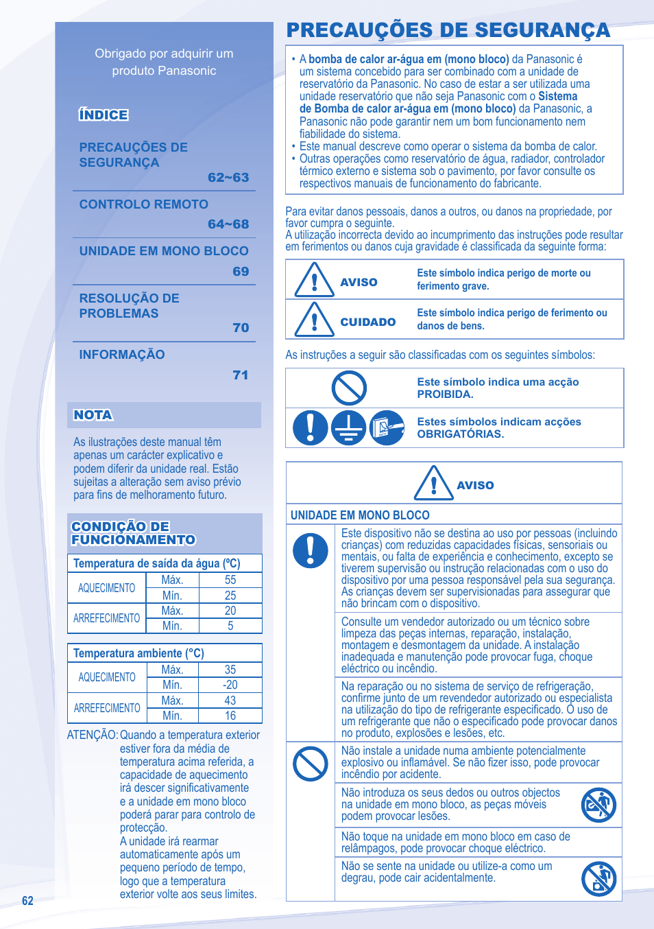 Precauções de segurança | Panasonic WHMXC09D3E5 User Manual | Page 62 / 92