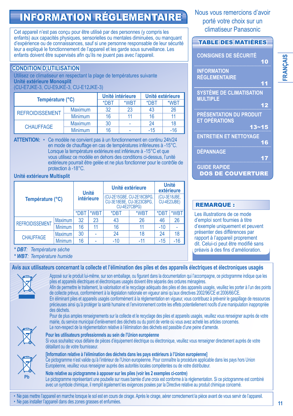 Information réglementaire | Panasonic CU2E15GBE User Manual | Page 11 / 76