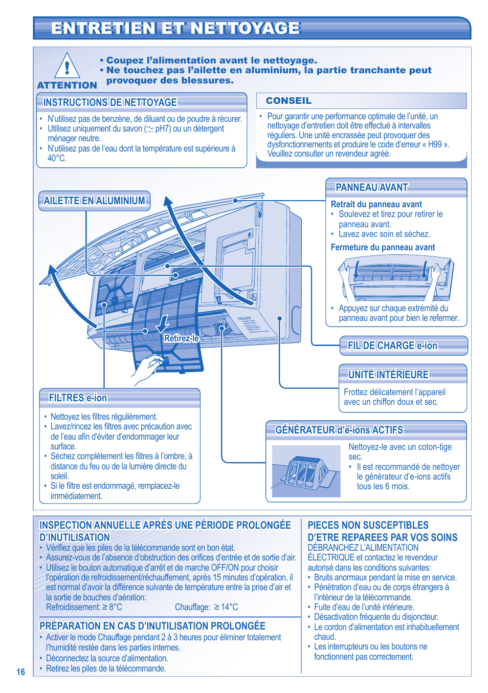 Entretien et nettoyage entretien et nettoyage | Panasonic CU2E15GBE User Manual | Page 16 / 76