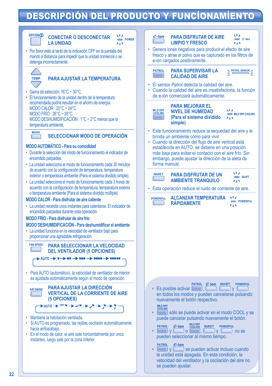Descripción del producto y funcionamiento | Panasonic CU2E15GBE User Manual | Page 22 / 76