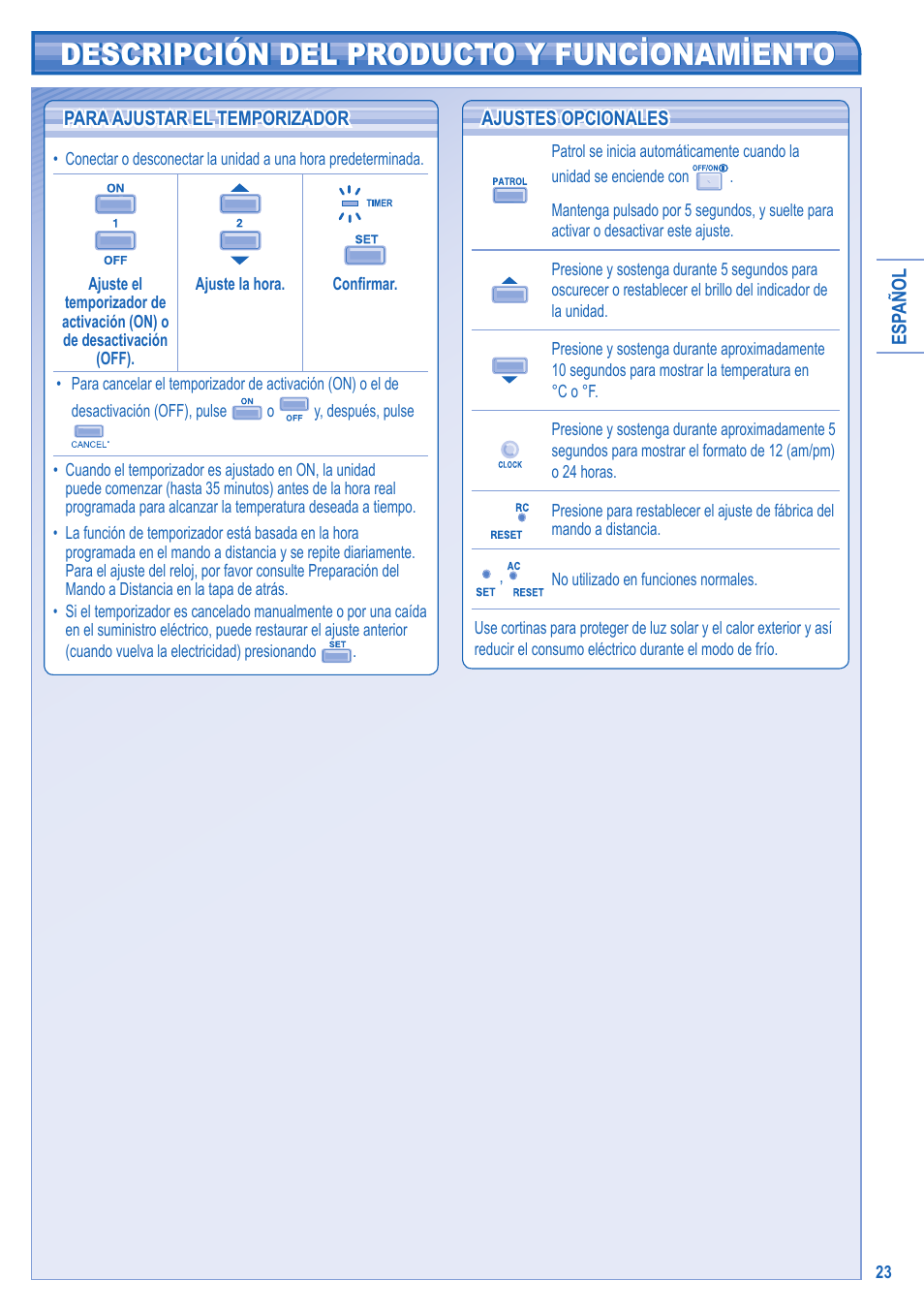 Descripción del producto y funcionamiento | Panasonic CU2E15GBE User Manual | Page 23 / 76