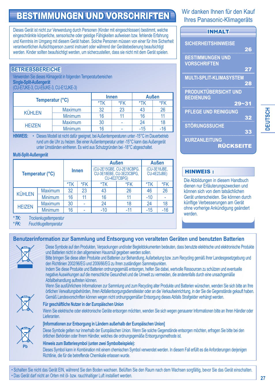 Bestimmungen und vorschriften | Panasonic CU2E15GBE User Manual | Page 27 / 76