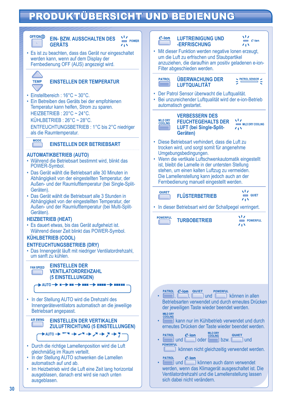 Produktübersicht und bedienung | Panasonic CU2E15GBE User Manual | Page 30 / 76