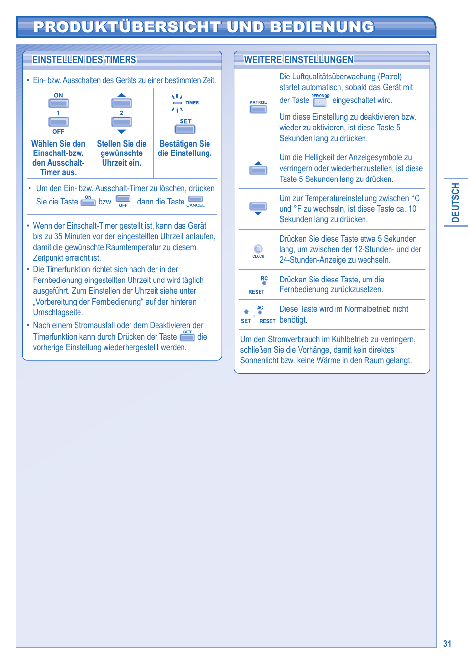 Produktübersicht und bedienung | Panasonic CU2E15GBE User Manual | Page 31 / 76