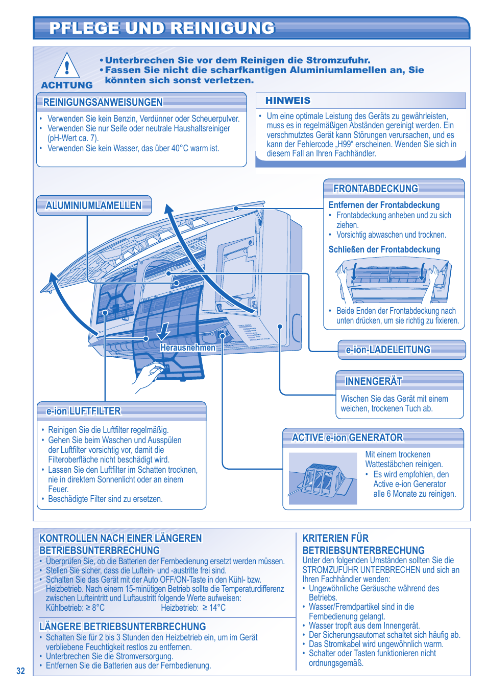 Pflege und reinigung | Panasonic CU2E15GBE User Manual | Page 32 / 76