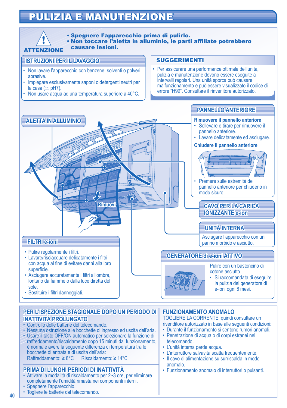 Pulizia e manutenzione | Panasonic CU2E15GBE User Manual | Page 40 / 76