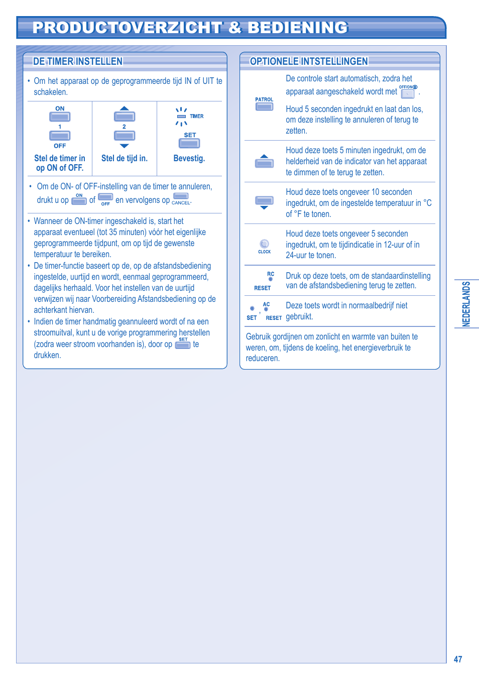 Productoverzicht & bediening | Panasonic CU2E15GBE User Manual | Page 47 / 76