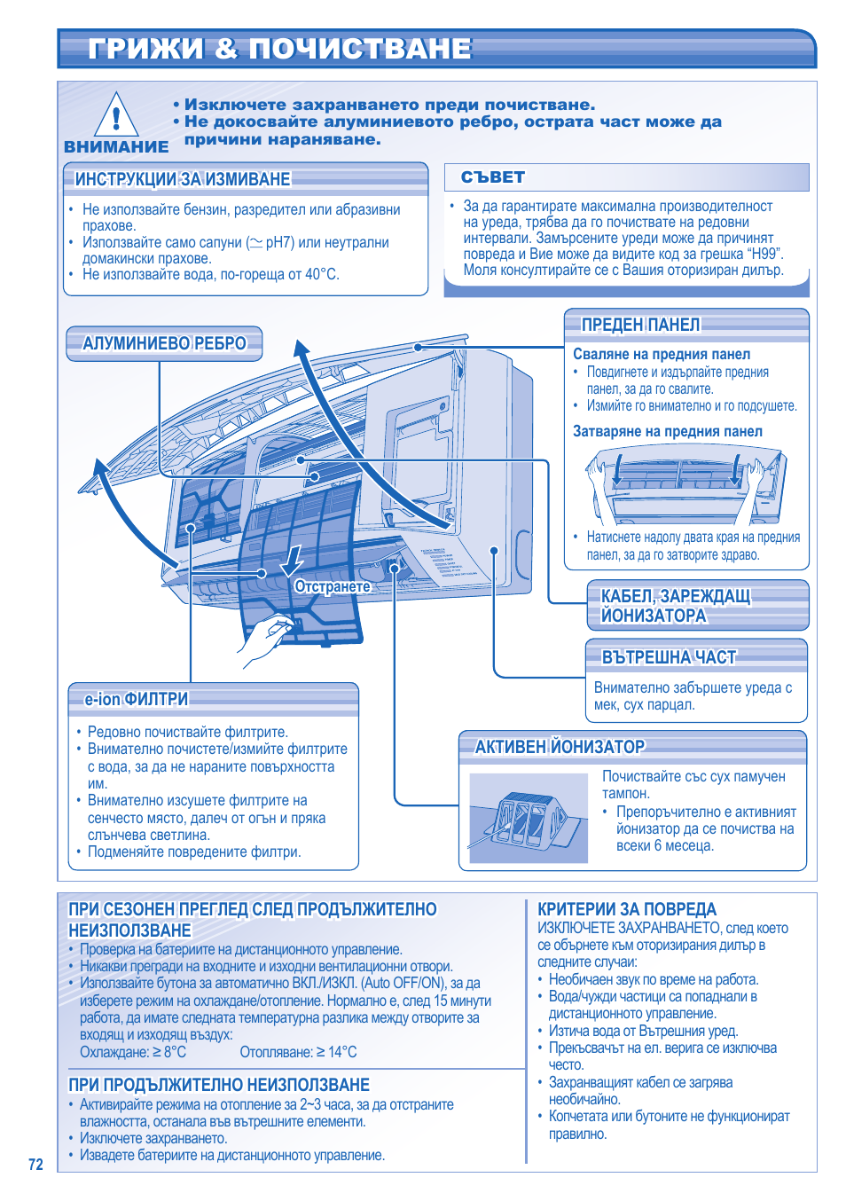 Грижи & почистване | Panasonic CU2E15GBE User Manual | Page 72 / 76