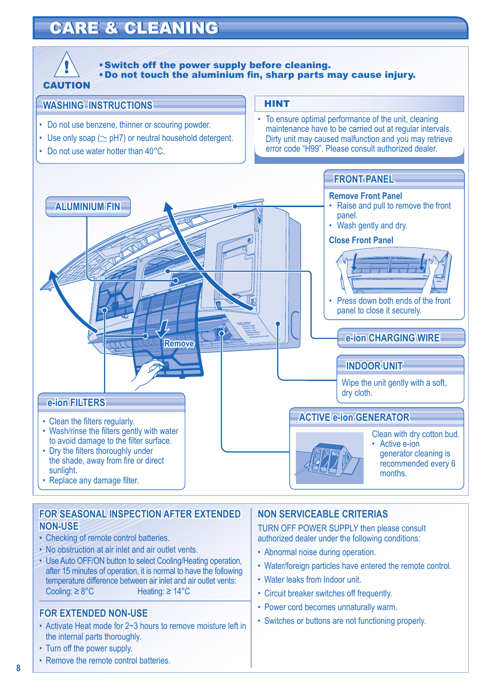 Care & cleaning | Panasonic CU2E15GBE User Manual | Page 8 / 76