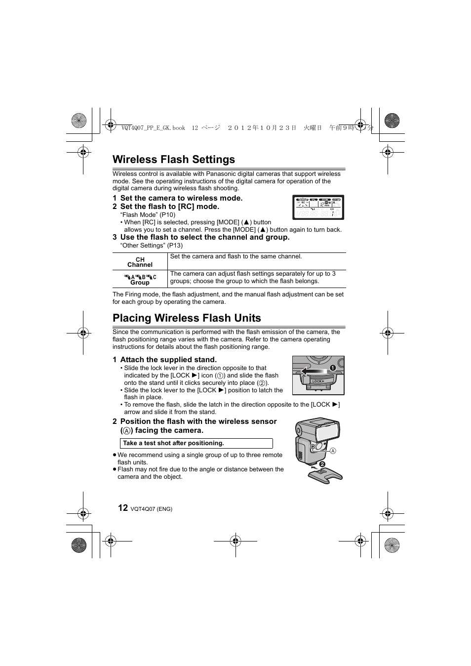 Wireless flash settings, Placing wireless flash units | Panasonic DMWFL360LGK User Manual | Page 12 / 165
