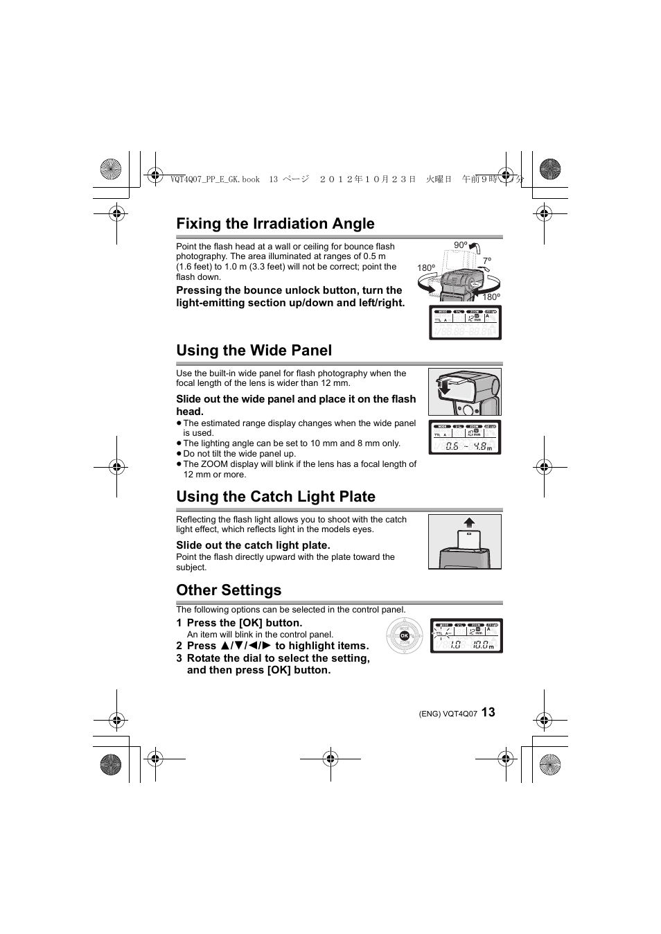 Fixing the irradiation angle, Using the wide panel, Using the catch light plate | Other settings | Panasonic DMWFL360LGK User Manual | Page 13 / 165