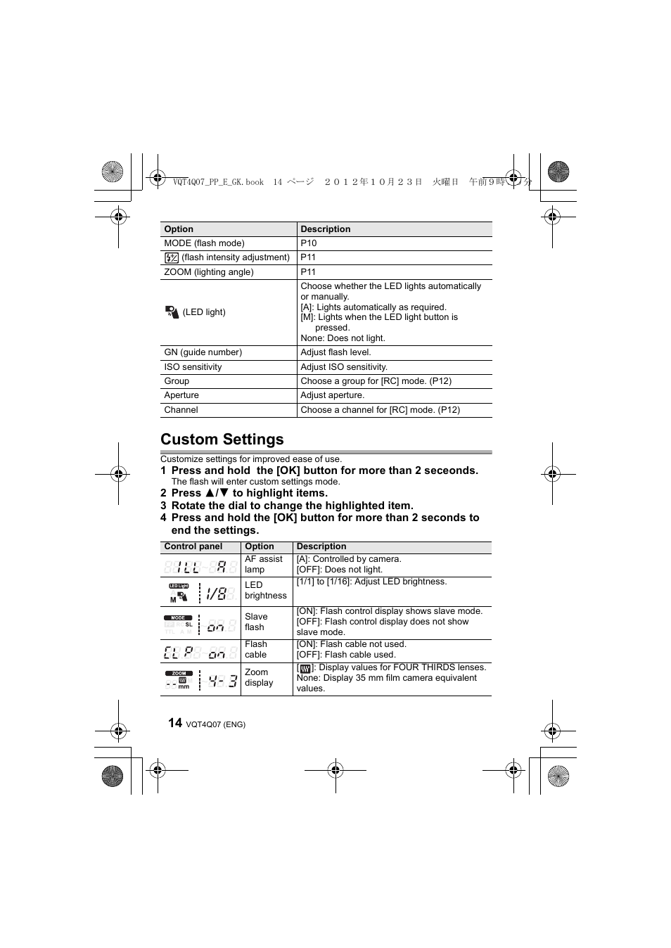 Custom settings | Panasonic DMWFL360LGK User Manual | Page 14 / 165