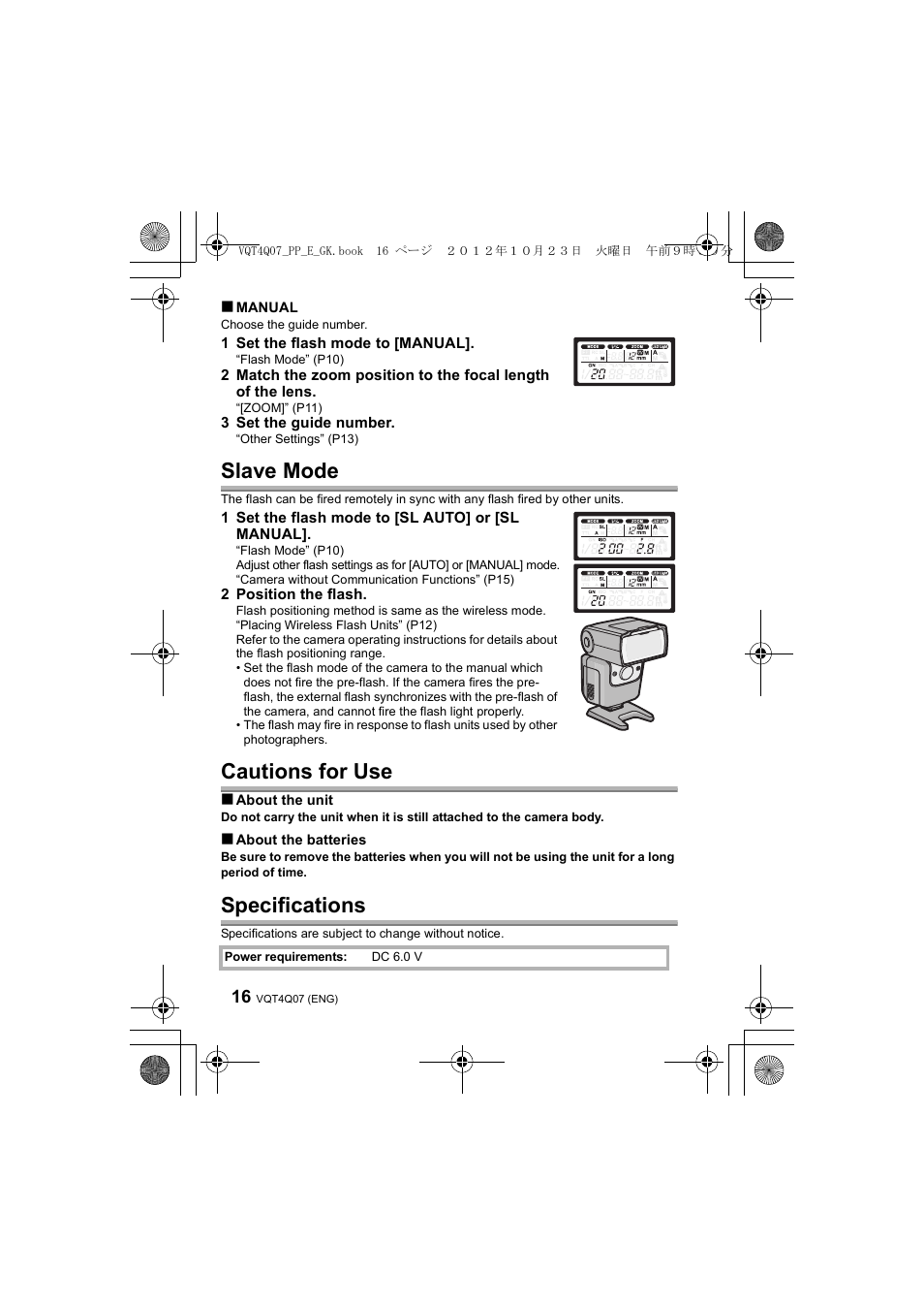 Slave mode, Cautions for use, Specifications | Panasonic DMWFL360LGK User Manual | Page 16 / 165