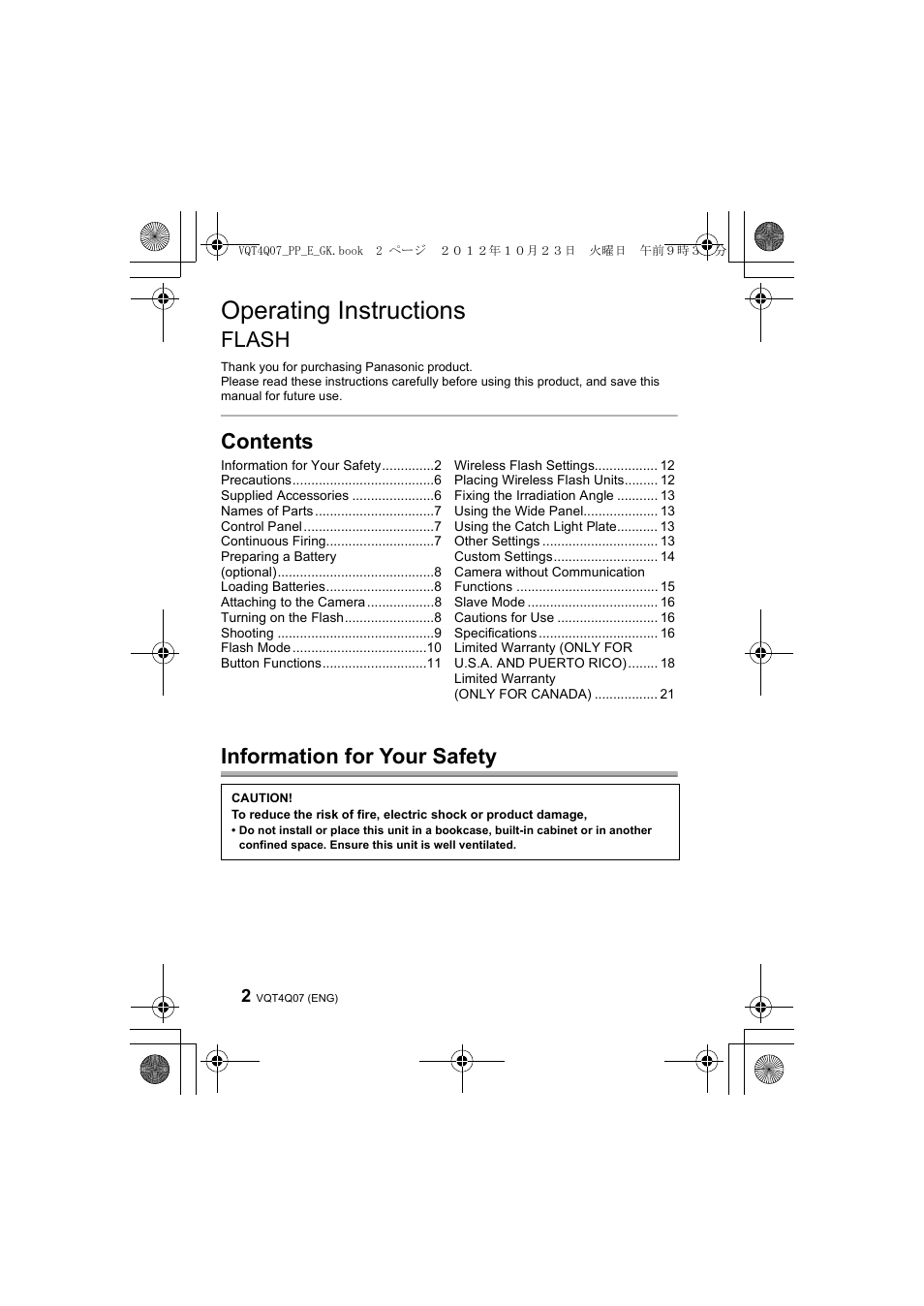 Operating instructions, Flash, Contents information for your safety | Panasonic DMWFL360LGK User Manual | Page 2 / 165