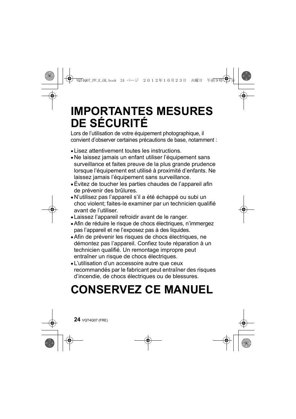 Importantes mesures de sécurité, Conservez ce manuel | Panasonic DMWFL360LGK User Manual | Page 24 / 165
