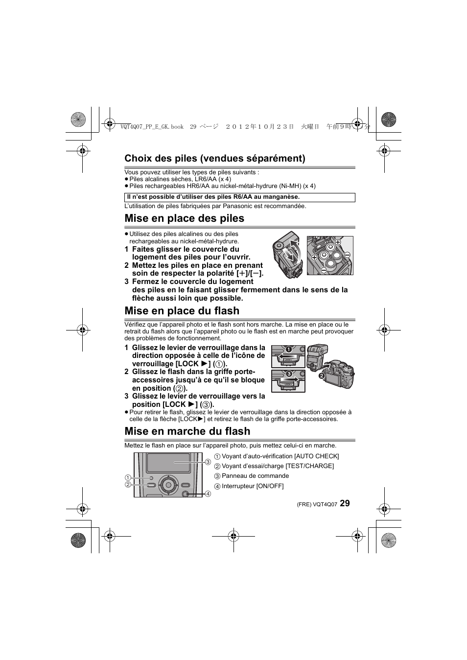 Mise en place des piles, Mise en place du flash, Mise en marche du flash | Choix des piles (vendues séparément) | Panasonic DMWFL360LGK User Manual | Page 29 / 165