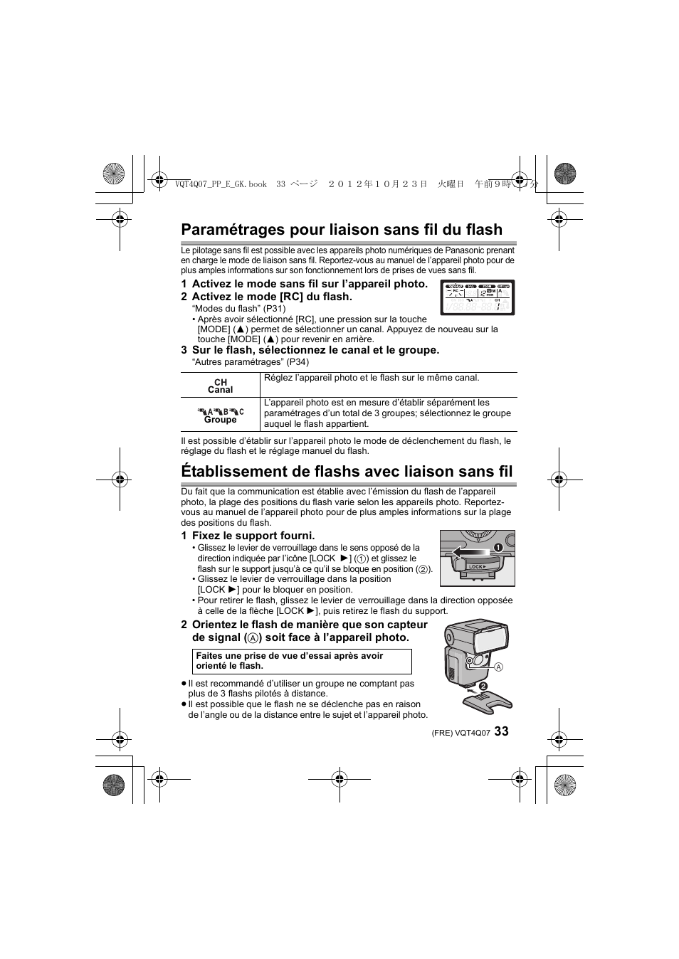 Paramétrages pour liaison sans fil du flash, Établissement de flashs avec liaison sans fil | Panasonic DMWFL360LGK User Manual | Page 33 / 165