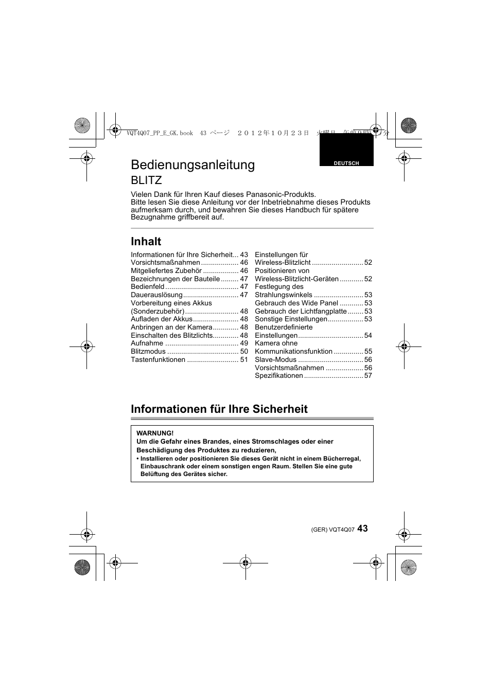 Bedienungsanleitung, Blitz, Inhalt informationen für ihre sicherheit | Panasonic DMWFL360LGK User Manual | Page 43 / 165