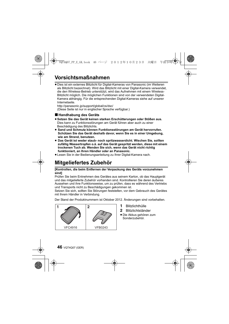 Vorsichtsmaßnahmen, Mitgeliefertes zubehör | Panasonic DMWFL360LGK User Manual | Page 46 / 165
