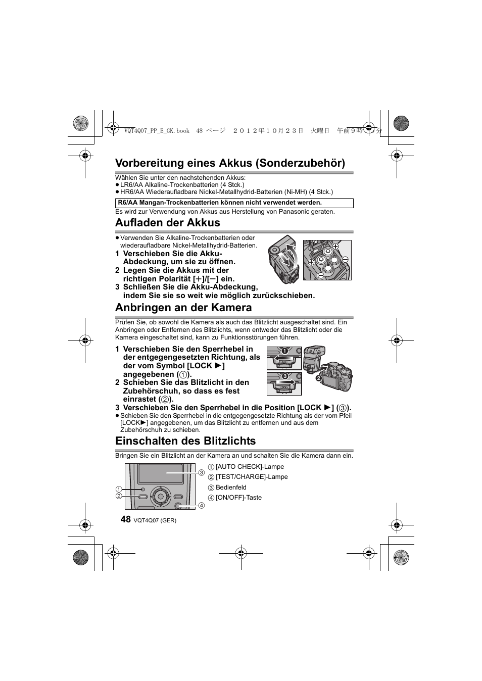 Vorbereitung eines akkus (sonderzubehör), Aufladen der akkus, Anbringen an der kamera | Einschalten des blitzlichts | Panasonic DMWFL360LGK User Manual | Page 48 / 165