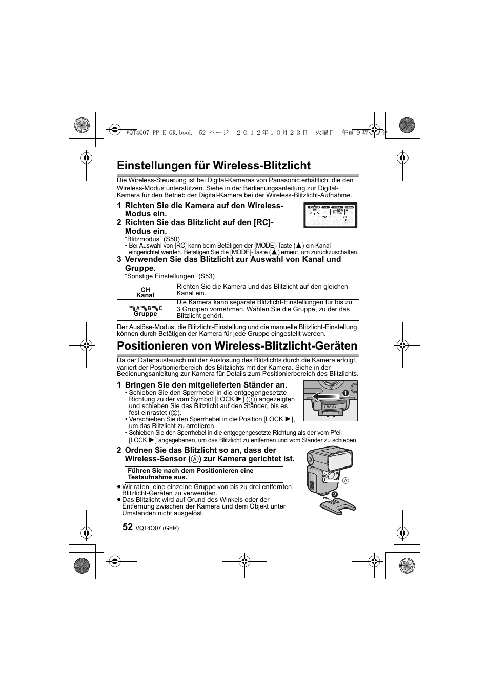 Einstellungen für wireless-blitzlicht, Positionieren von wireless-blitzlicht-geräten | Panasonic DMWFL360LGK User Manual | Page 52 / 165