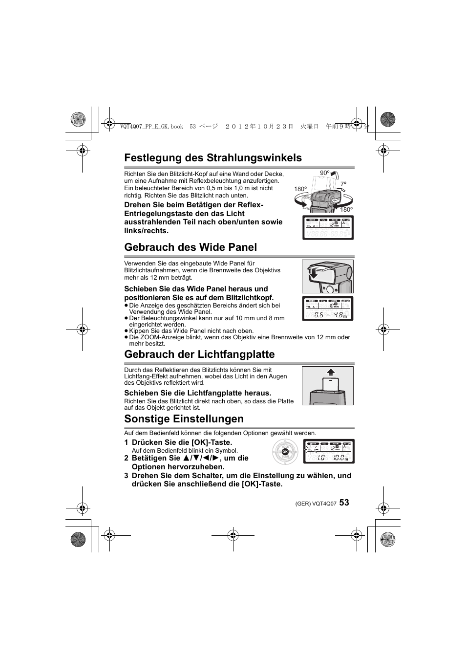 Festlegung des strahlungswinkels, Gebrauch des wide panel, Gebrauch der lichtfangplatte | Sonstige einstellungen | Panasonic DMWFL360LGK User Manual | Page 53 / 165