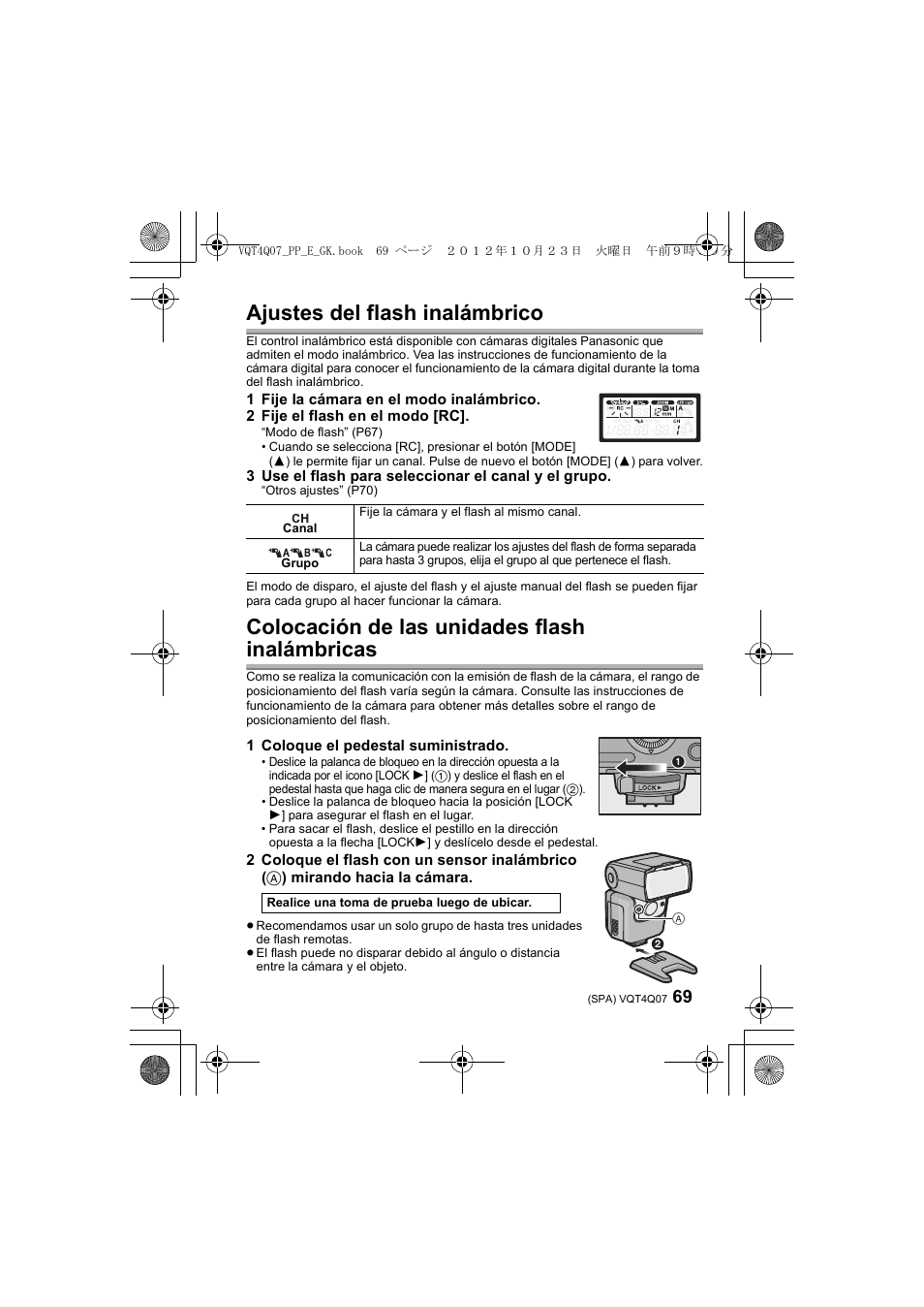 Ajustes del flash inalámbrico, Colocación de las unidades flash inalámbricas | Panasonic DMWFL360LGK User Manual | Page 69 / 165