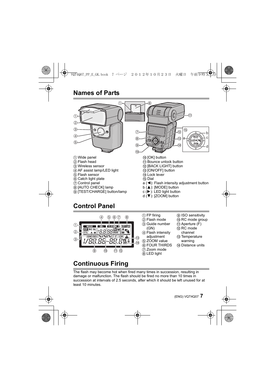 Names of parts control panel continuous firing | Panasonic DMWFL360LGK User Manual | Page 7 / 165