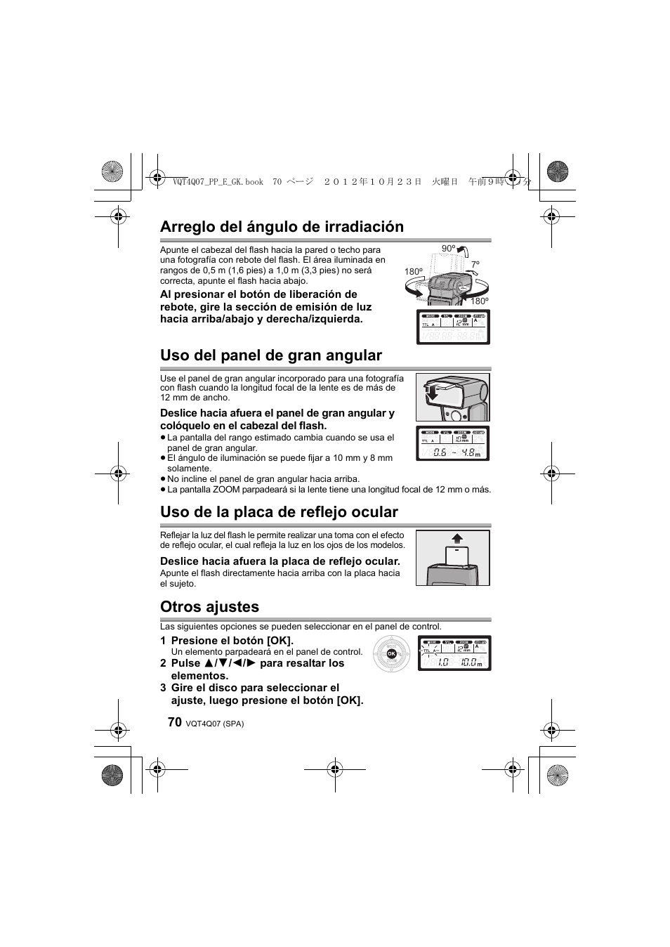 Arreglo del ángulo de irradiación, Uso del panel de gran angular, Uso de la placa de reflejo ocular | Otros ajustes | Panasonic DMWFL360LGK User Manual | Page 70 / 165
