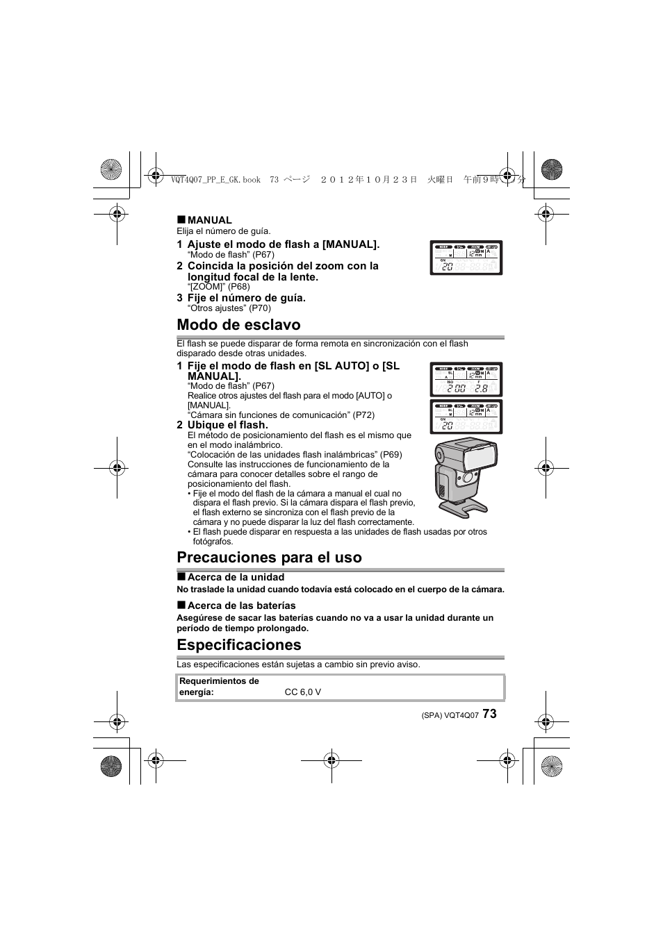 Modo de esclavo, Precauciones para el uso, Especificaciones | Panasonic DMWFL360LGK User Manual | Page 73 / 165