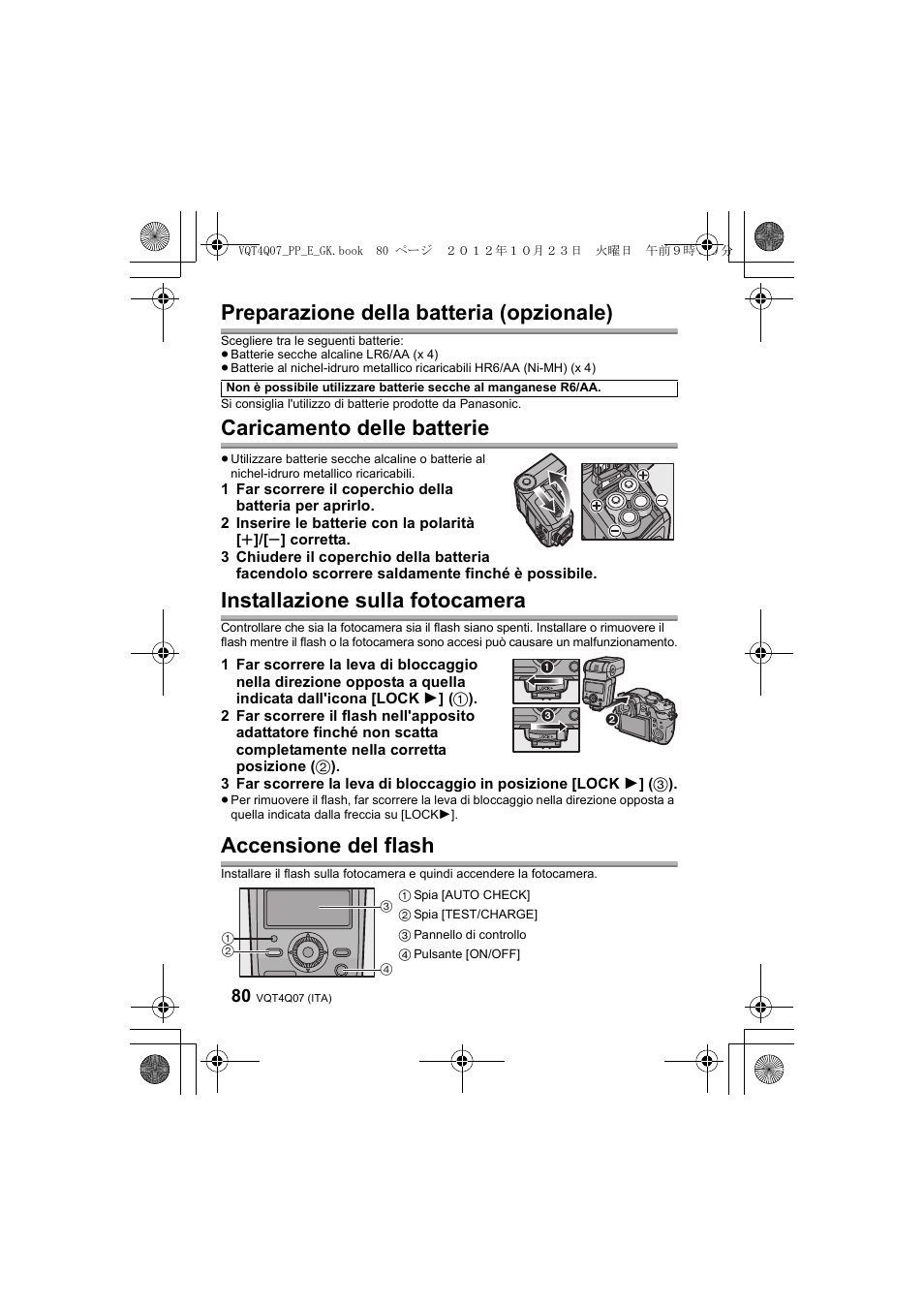 Preparazione della batteria (opzionale), Caricamento delle batterie, Installazione sulla fotocamera | Accensione del flash | Panasonic DMWFL360LGK User Manual | Page 80 / 165