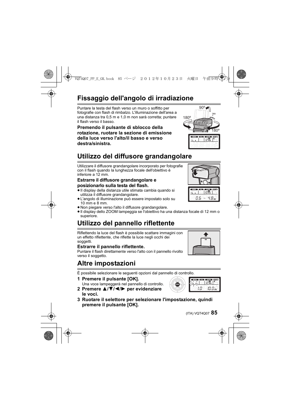 Fissaggio dell'angolo di irradiazione, Utilizzo del diffusore grandangolare, Utilizzo del pannello riflettente | Altre impostazioni | Panasonic DMWFL360LGK User Manual | Page 85 / 165