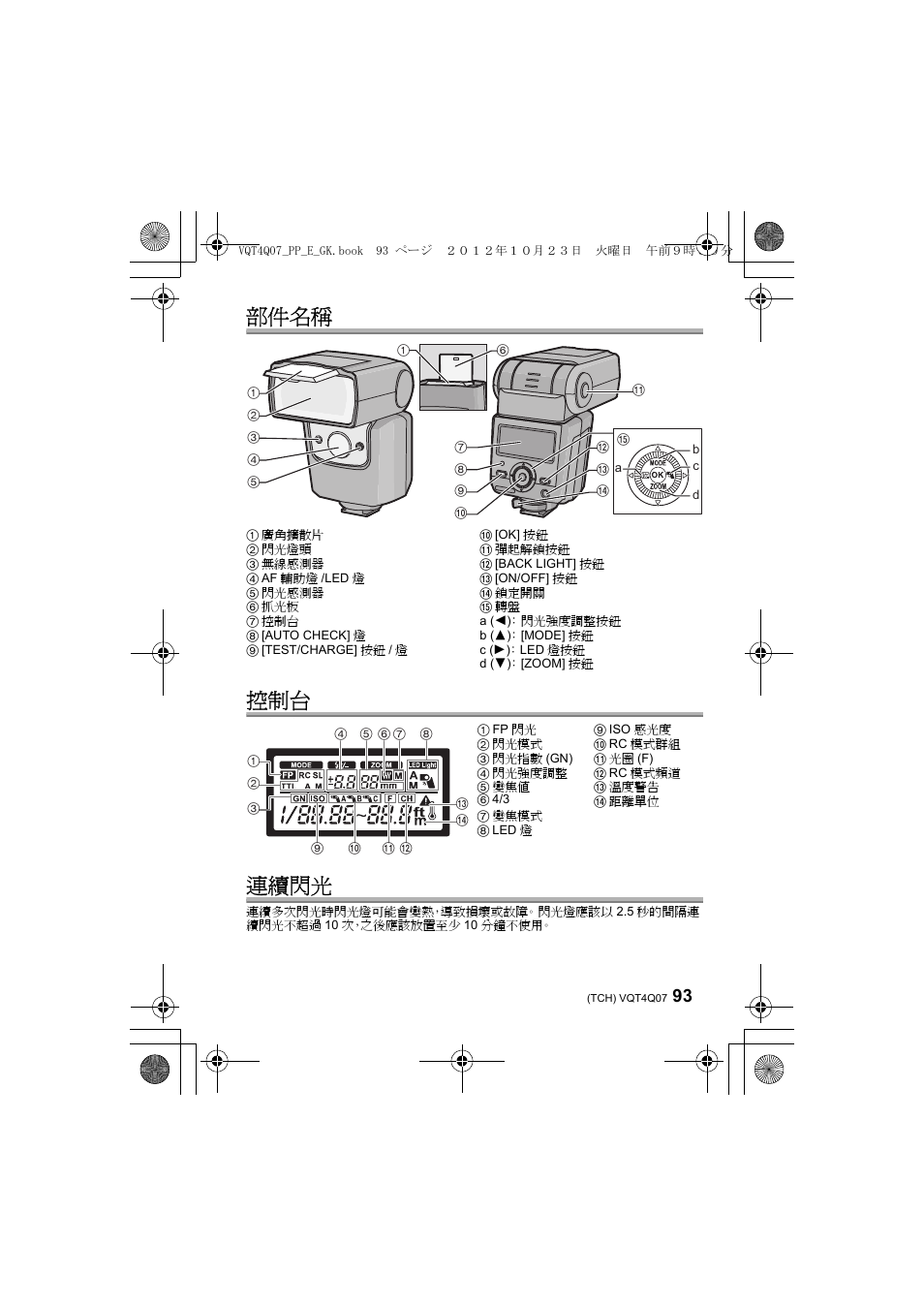 部件名稱 控制台 連續閃光 | Panasonic DMWFL360LGK User Manual | Page 93 / 165